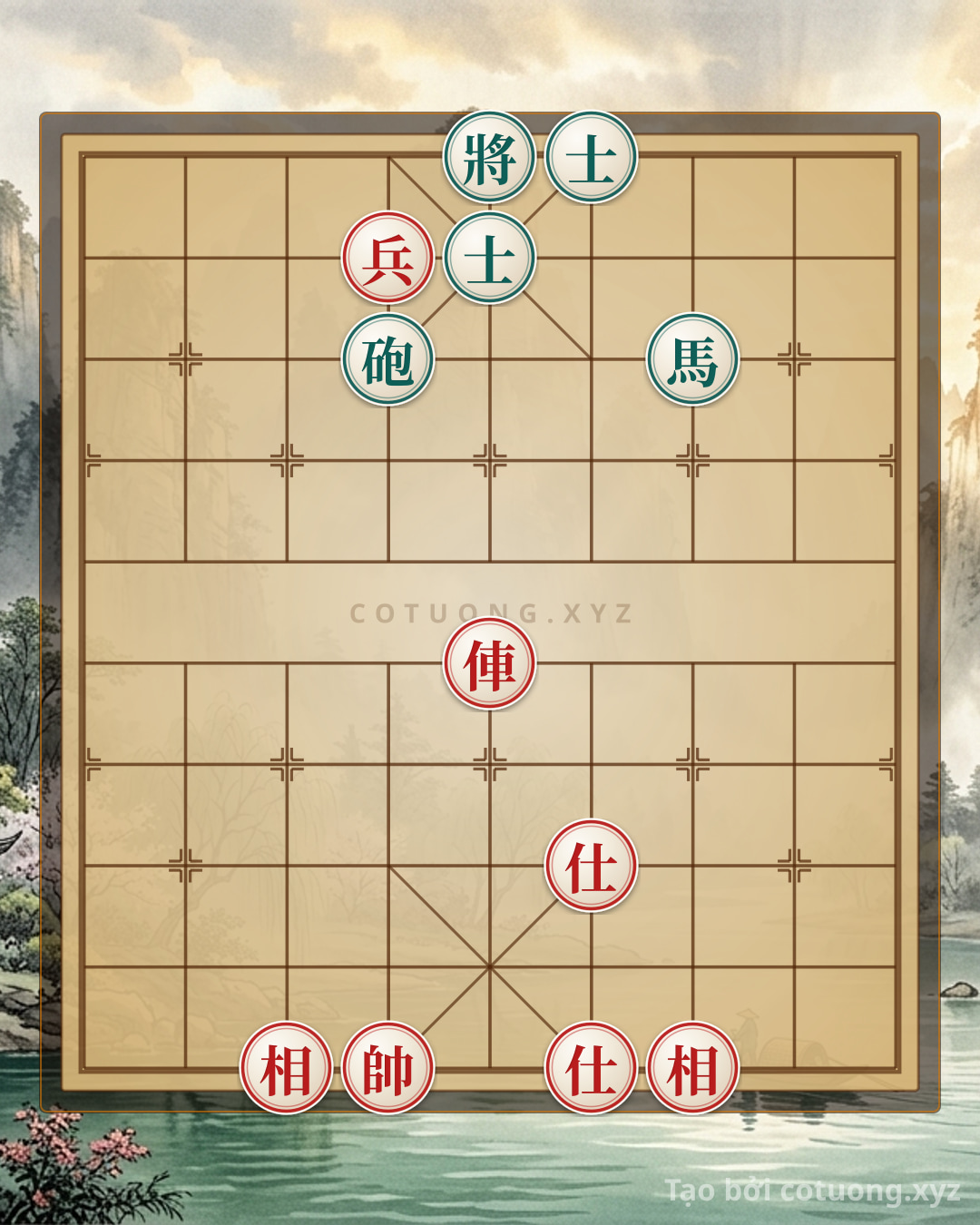 Thế cờ: Dangerous Position: Rook with 2 Advisors, 2 Bishops, Cannon, Horse and 2 Advisors - Masterpiece of Xiangqi Tactics — Cờ Tướng Online