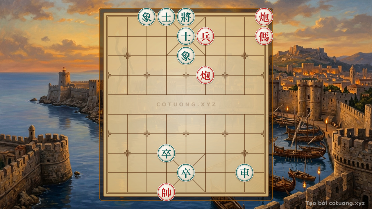 Thế cờ: The Enigma of the Chessboard: Red Cannon Challenges Black General in a Chaotic Formation — Cờ Tướng Online