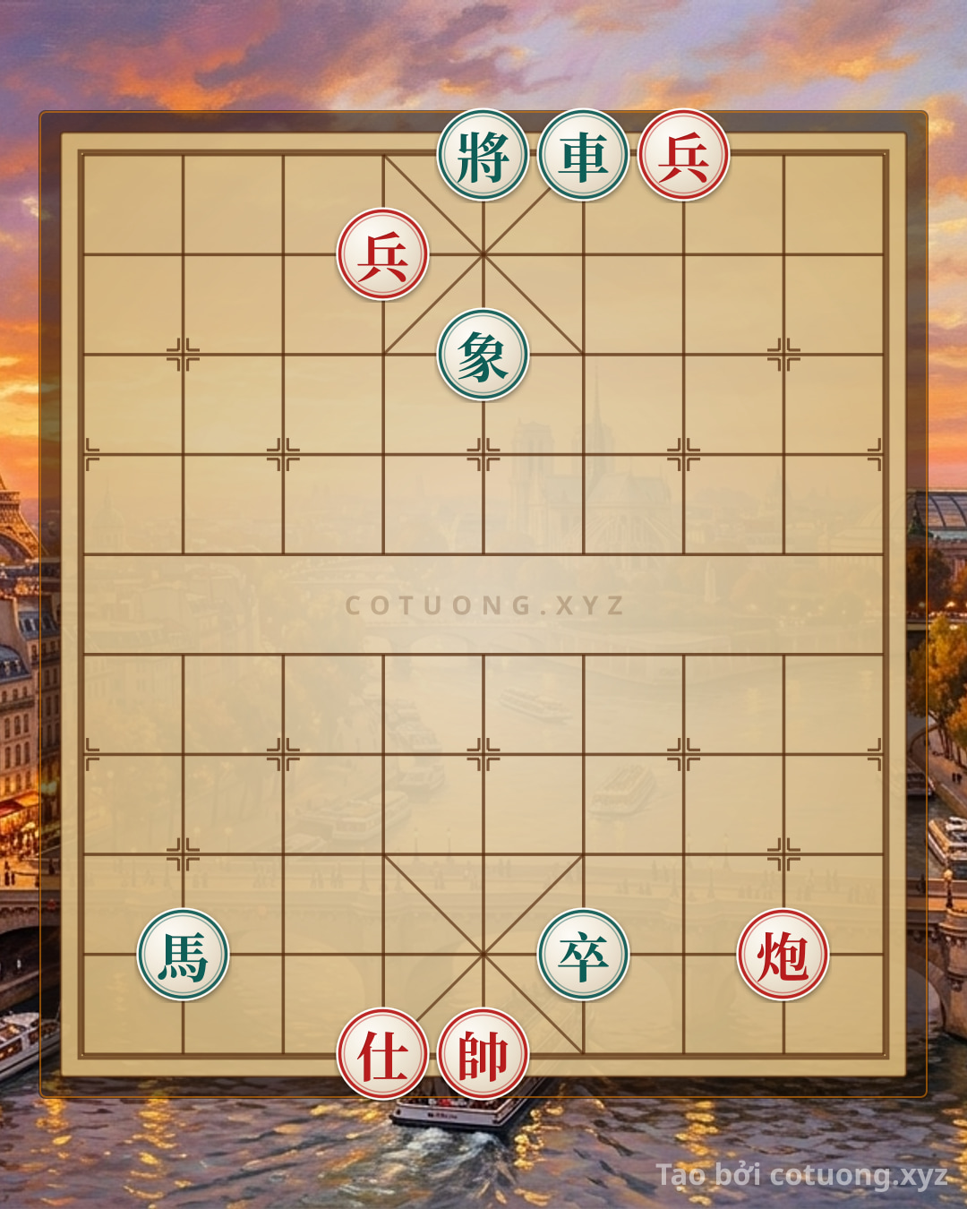 Thế cờ: Red General Wins: Black Rook Trapped by Empty Cannon, Black Pawn Breaks Through — Cờ Tướng Online