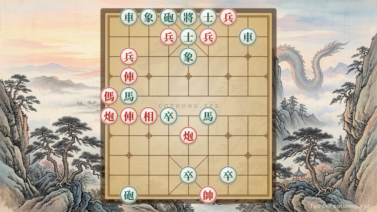 Thế cờ: The Secret to Swimming Upstream in the River of Xiangqi: When 2 Rooks, 2 Cannons, Horse, 4 Pawns and Elephants Face Each Other in a Storm — Cờ Tướng Online