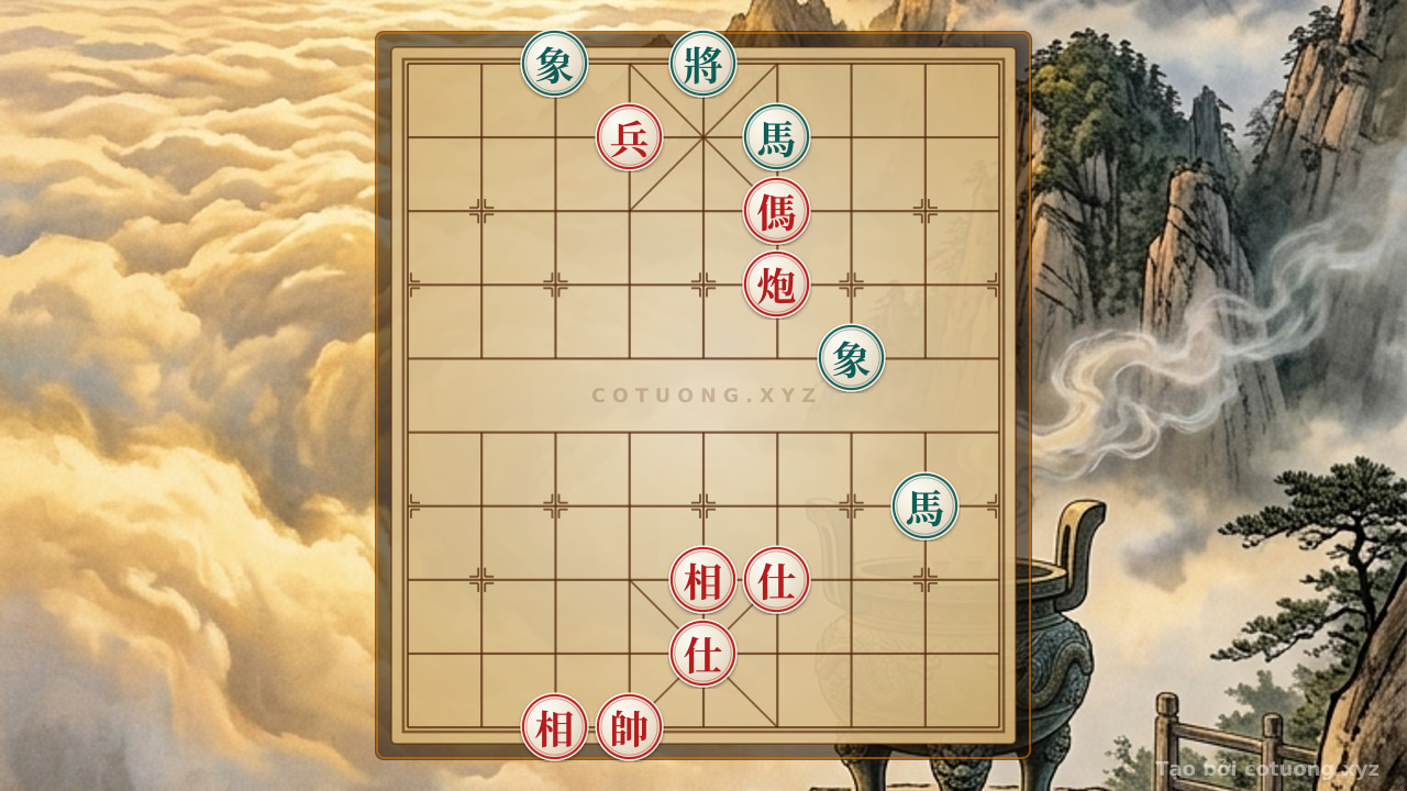 Thế cờ: Xiangqi Puzzle #7734: When the Red Cannon, Horse, and Pawn Crush the Black Horses in a Psychological Battle — Cờ Tướng Online