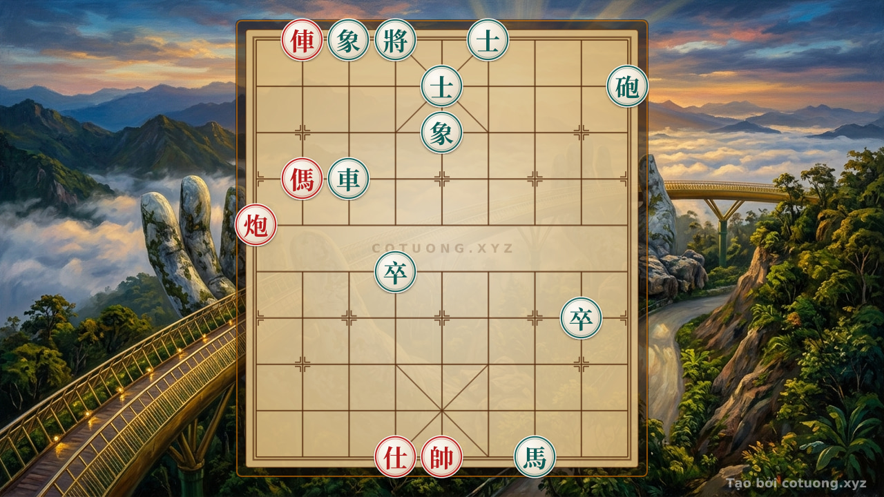 Thế cờ: Red Chariot's Direct Thrust: Optimal Checkmate Strategy for Red in the Double Horse Face-to-Face Formation — Cờ Tướng Online