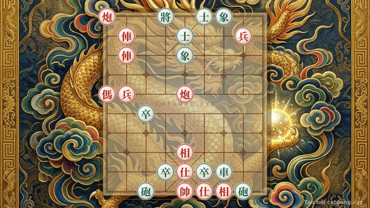 Thế cờ: Red General's Gambit: Shattering the Black Army with the Sacrifice Strategy — Cờ Tướng Online