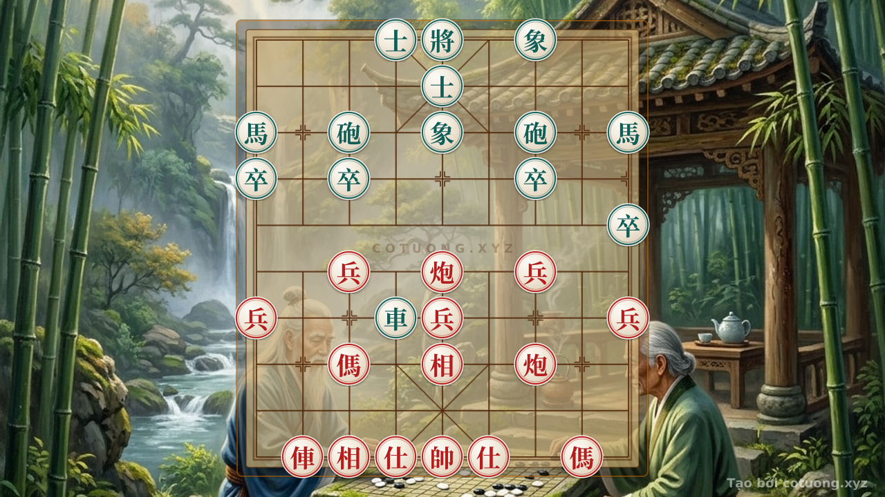 Thế cờ: Xiangqi: Red's Chariot Penetrates, Black Suffers 'Net Trap' in 5 Moves — Cờ Tướng Online