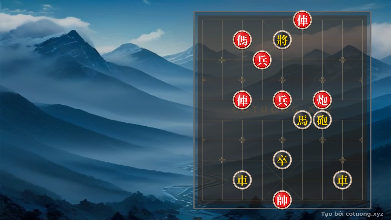 Thế cờ: Red General's Breakthrough: Red Chariot Attacks Black Pawn, Red Horse Retreats, Red Cannon Shoots Empty at Black Chariot — Cờ Tướng Online