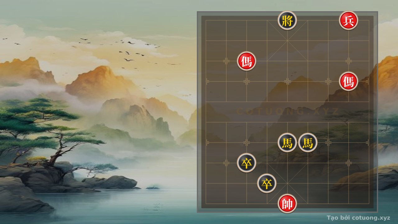 Thế cờ: Red General's Breakthrough: Double Horses Surround, Black Pawns Resist - Tactical Maneuver 8/10 — Cờ Tướng Online