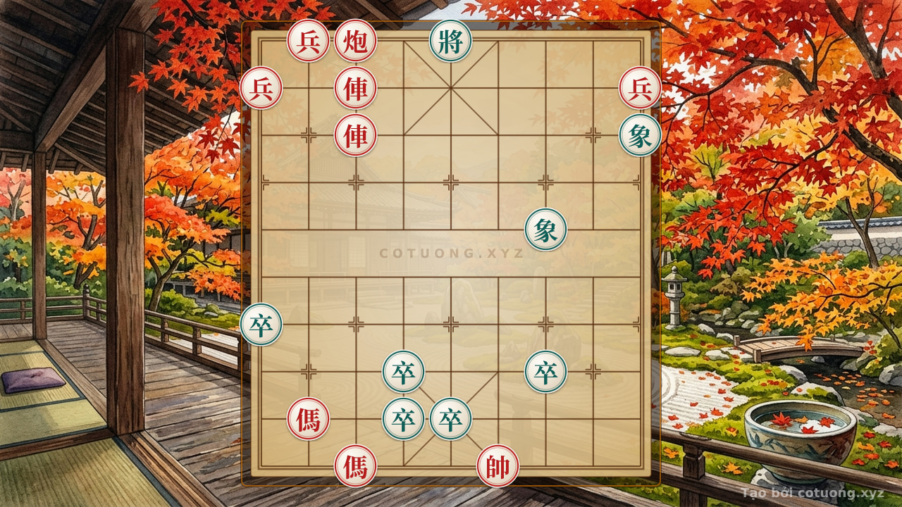 Thế cờ: Red Strategy: Red Chariot on File 7, Rank 8 Attacks Black General in the 'White Dragon' Formation — Cờ Tướng Online