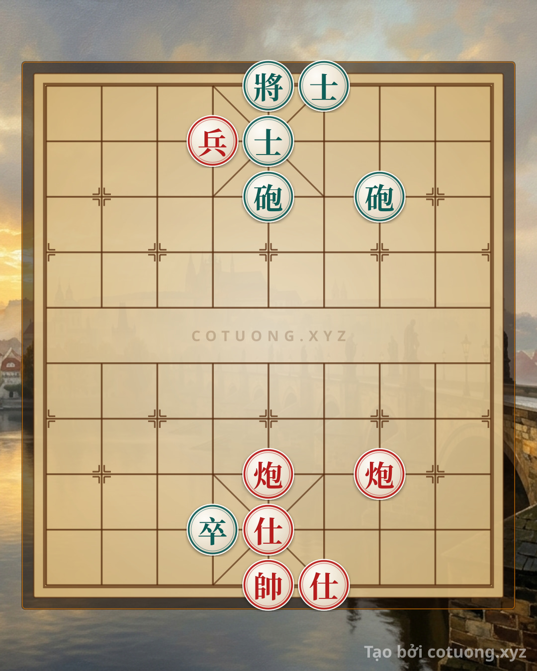 Thế cờ: The Secret of the Central Palace: When the Red Cannons Like Fiery Dragons Devour the Black General in a Classic Counterattack — Cờ Tướng Online