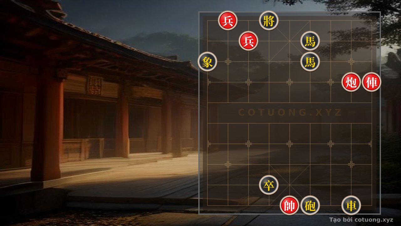 Thế cờ: Xiangqi Battle: Red attacks with two cannons and chariot, Black defends with two horses and elephant — Cờ Tướng Online