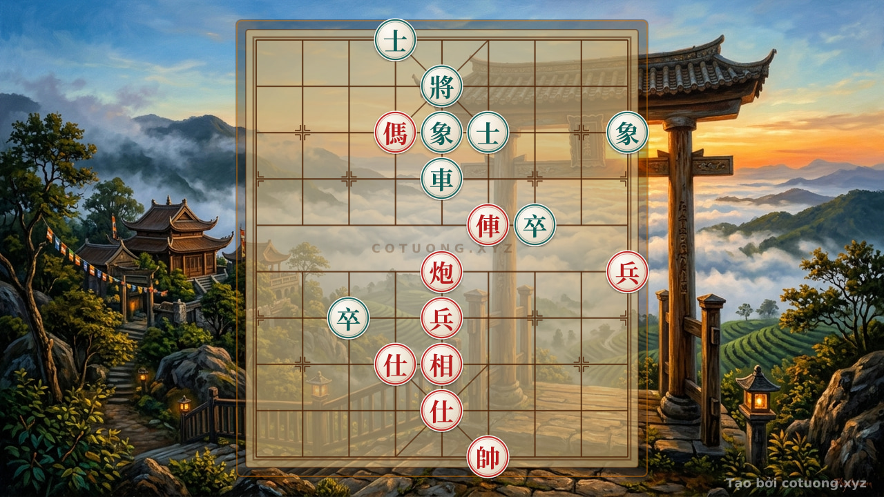 Thế cờ: Ancient Chess Mystery: When the Red Chariot, Cannon, and Horse Besiege the Black General in a Web of Enigmatic Tactics — Cờ Tướng Online