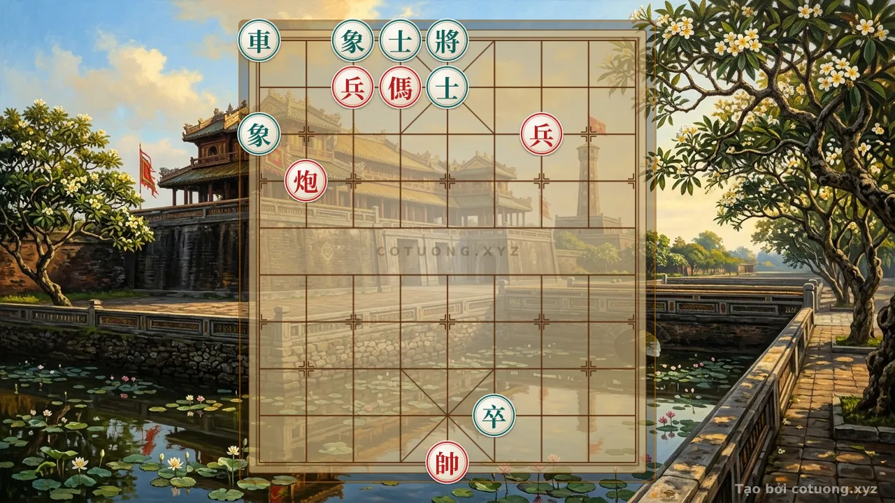Thế cờ: The Cruel Battle: Black's Elephant on File 1 and Red's Cannon on File 8 - Who Will Win This Bloody Endgame? — Cờ Tướng Online