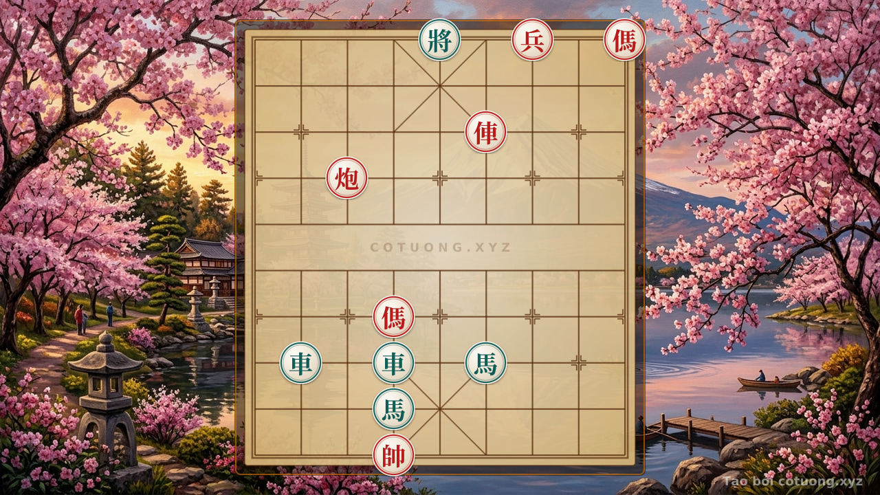 Thế cờ: Reverse Chess Strategy: The Red Rook's Lone Stand Against the Two Bold Black Horses — Cờ Tướng Online