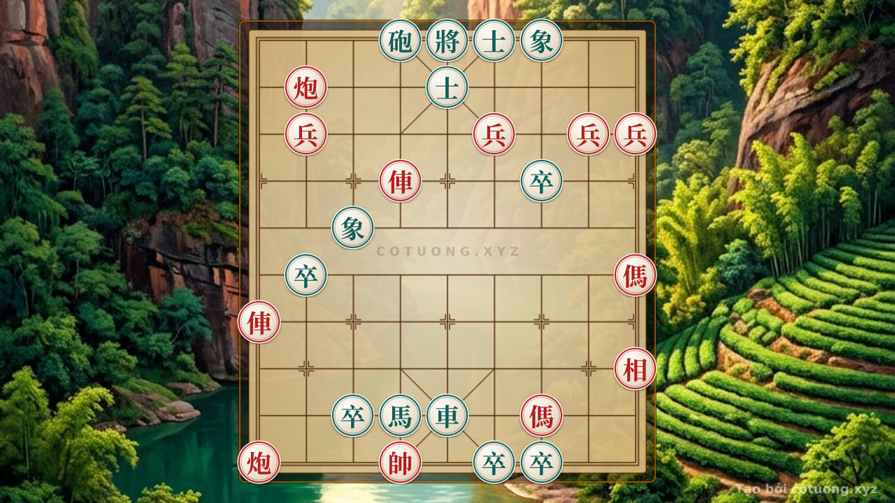 Thế cờ: Red General's Victory: Cannon on File 4 Rank 10 and Chariot on File 6 Rank 7 Clash — Cờ Tướng Online
