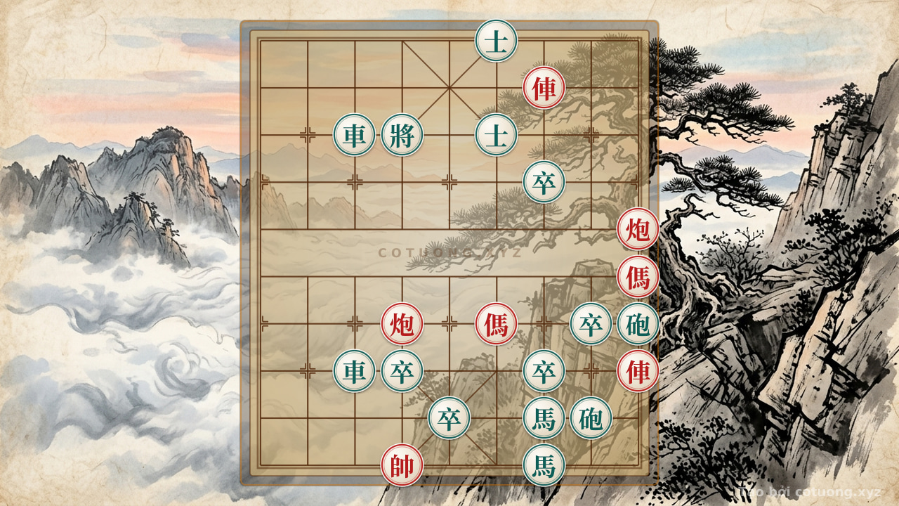 Thế cờ: The Ultimate Checkmate Trick: How Red Counters in the Classic 2Rook-2Cannon-2Horse vs. Black's 5-Pawn Endgame — Cờ Tướng Online