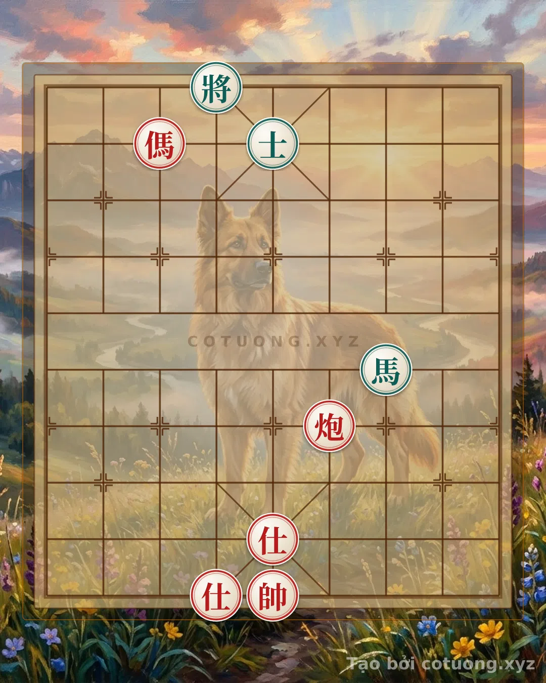 Thế cờ: Xiangqi Position: Red Secures Double Horse Advantage, Black Must Counterattack with Cannon and General — Cờ Tướng Online