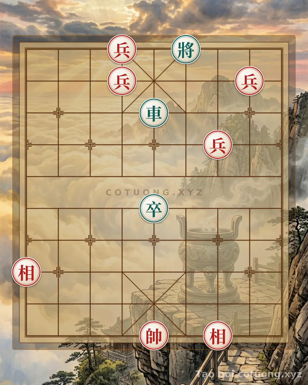 Thế cờ: Xiangqi Position 'Four Pawns Cannon Attack' - Strategy to Defeat the Black Rook on File 5 Using Elephants and Subtle Counterattacks — Cờ Tướng Online