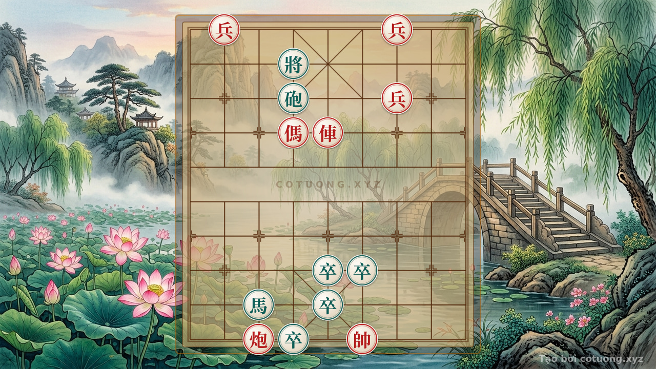 Thế cờ: Black General Defensive: Black Cannon Exposed 5th Rank 3rd File Retreats, Red Horse Exposes 5th Rank 7th File Attacks Directly — Cờ Tướng Online