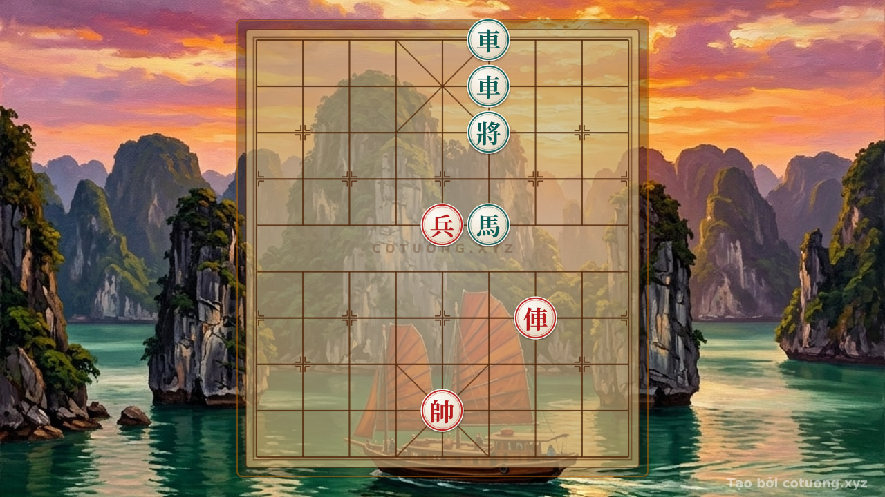 Thế cờ: Red Chariot's Tactical Bluff: Using the Red Chariot on File 4 to Disrupt the Black Chariots on File 6, Ranks 10 and 9 in a Double Horse Formation — Cờ Tướng Online