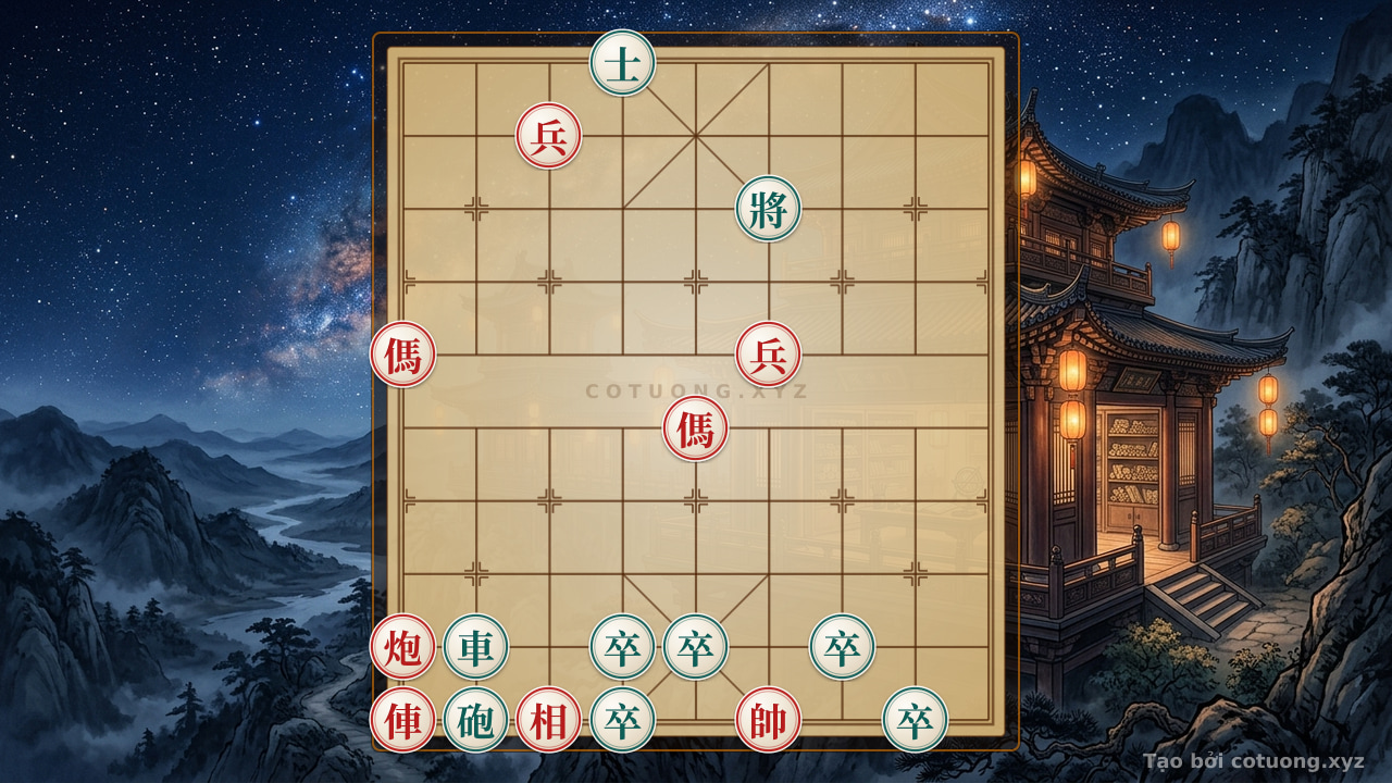 Thế cờ: The 'Double Horse Attack' Formation - Red's Defensive Counterattack Strategy in a Classic Xiangqi Position — Cờ Tướng Online