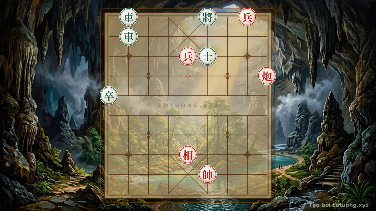 Thế cờ: The Difficult Xiangqi Position: Red Cannon, 2 Pawns, and Advisor Countering Black Rooks and Pawn Advisor - Defensive Counterattack Tactics — Cờ Tướng Online