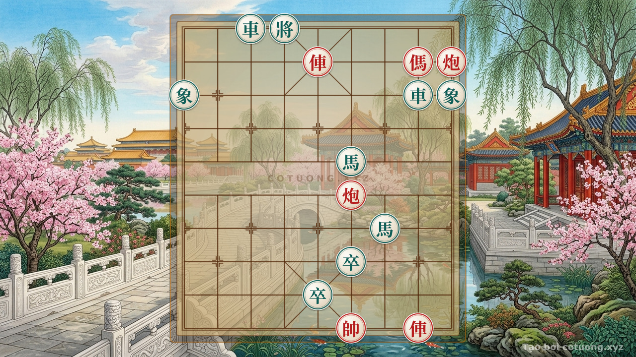 Thế cờ: Xiangqi: Red Side Dominates, Black Must Watch Out for the Rook on File 3 Rank 10 — Cờ Tướng Online