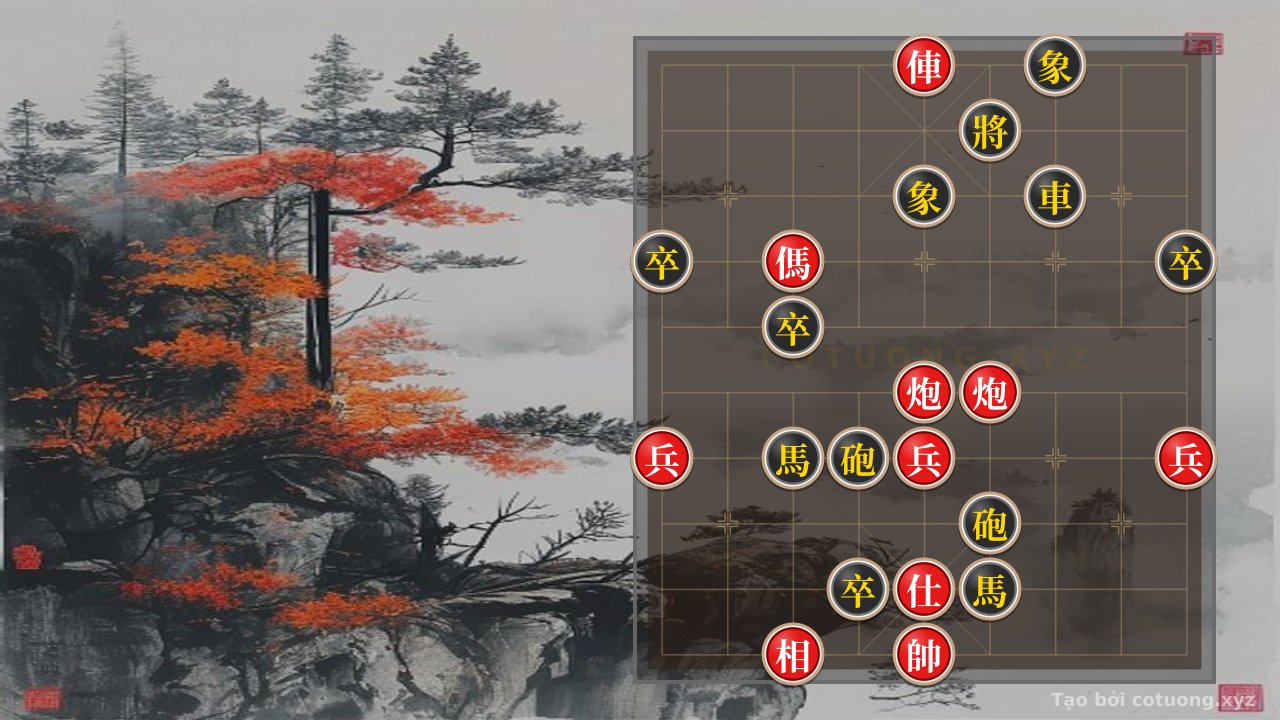 Thế cờ: The Tense Symphony: Red Chariot on File 5 and Black Elephant on File 7 in a Suffocating Position — Cờ Tướng Online
